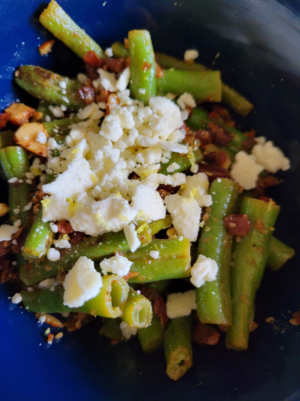 Warm Green Beans with Bacon, Feta, Almonds and dressing